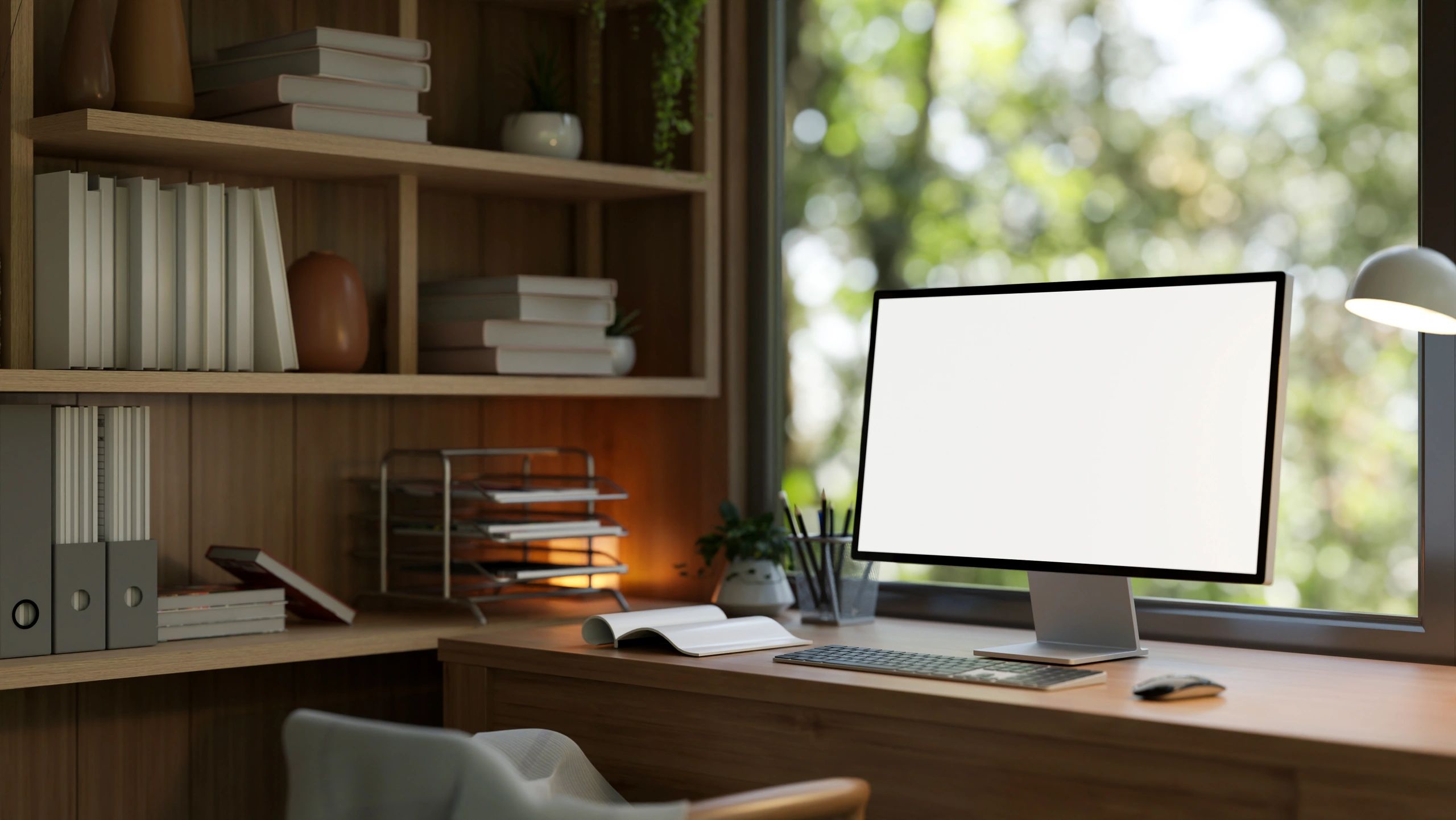 Wooden desk by a window in a quiet home office