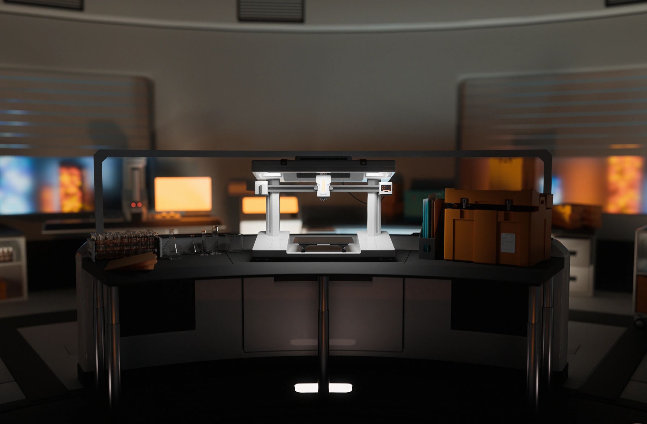 Dimly lit workspace suggesting focus, rebuilding, and serious reflection